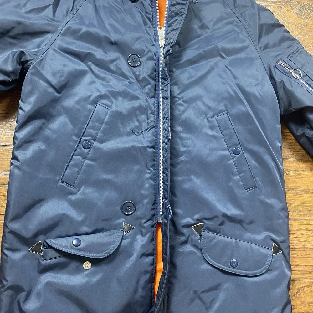 Vintage JCPenney Boys N-3B Parka Jacket Navy Blue Faux Fur Hood XL 18-20